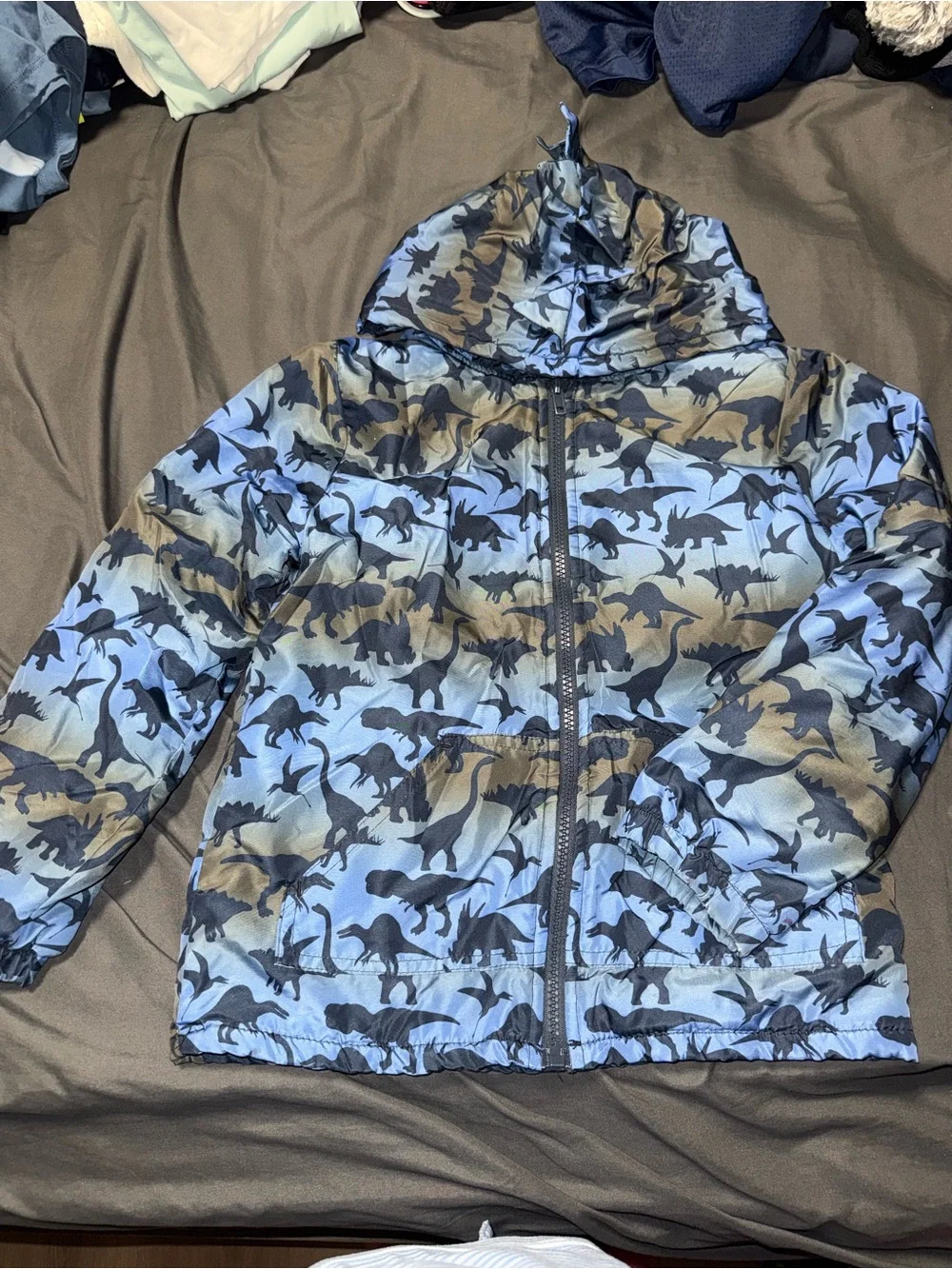 Children's Hooded Puffer Jacket in Blue Dinosaur Print